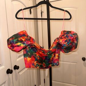 NWT Luxxel Top & Shorts Set Vibrant Floral Puff-Sleeve Top- Pink Multi